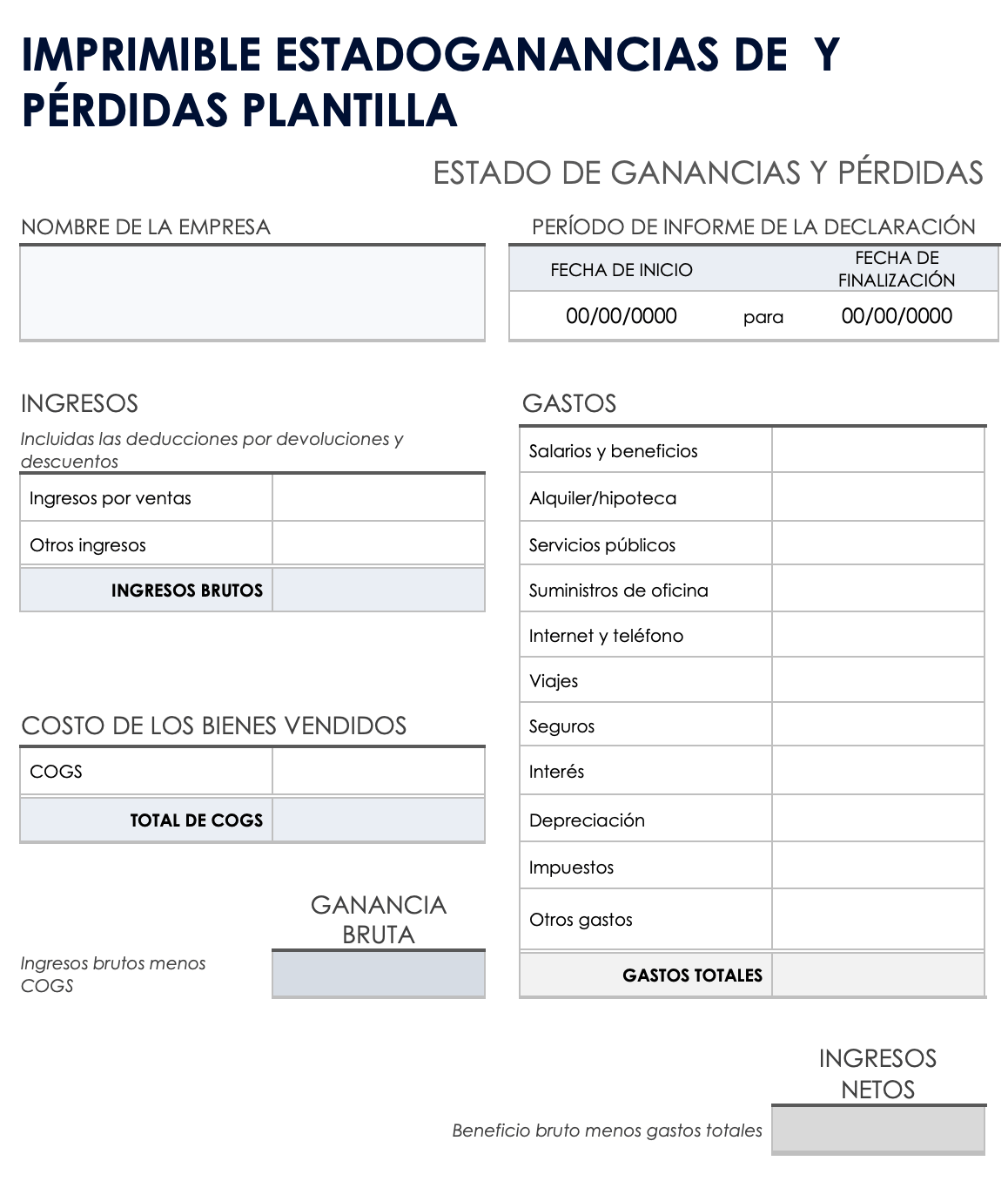 Estado de pérdidas y ganancias imprimible