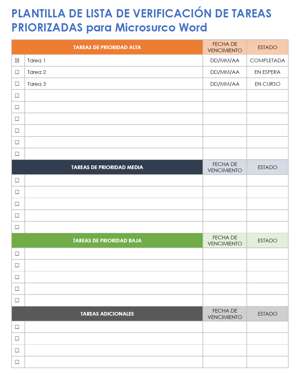  Plantilla de lista de verificación de tareas priorizadas