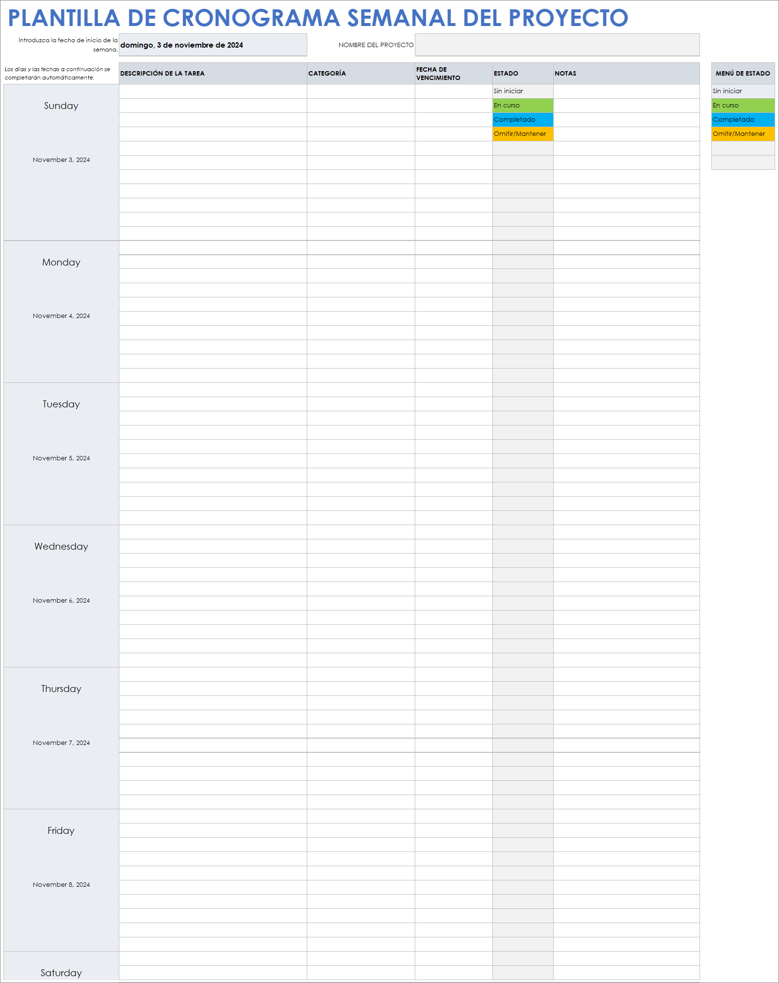  Plantilla de cronograma semanal del proyecto