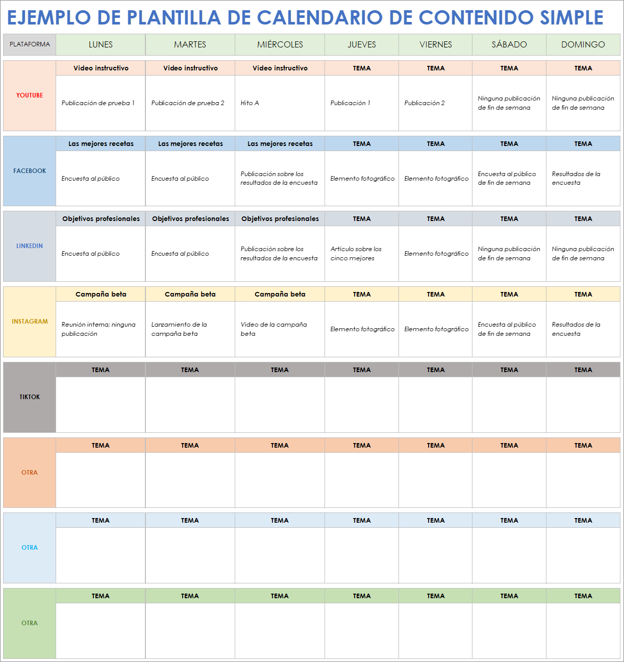  Plantilla de ejemplo de calendario de contenido simple