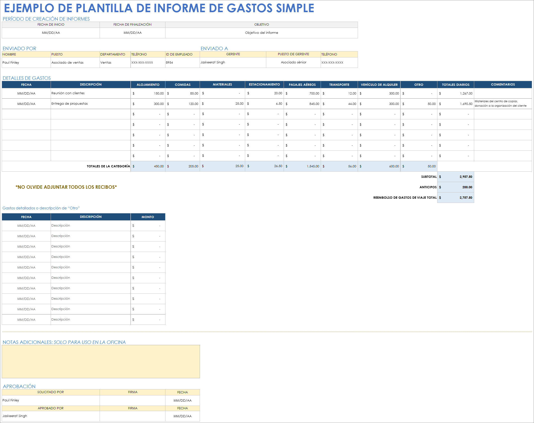  Ejemplo de plantilla de informe de gastos simple Hojas de cálculo de Google