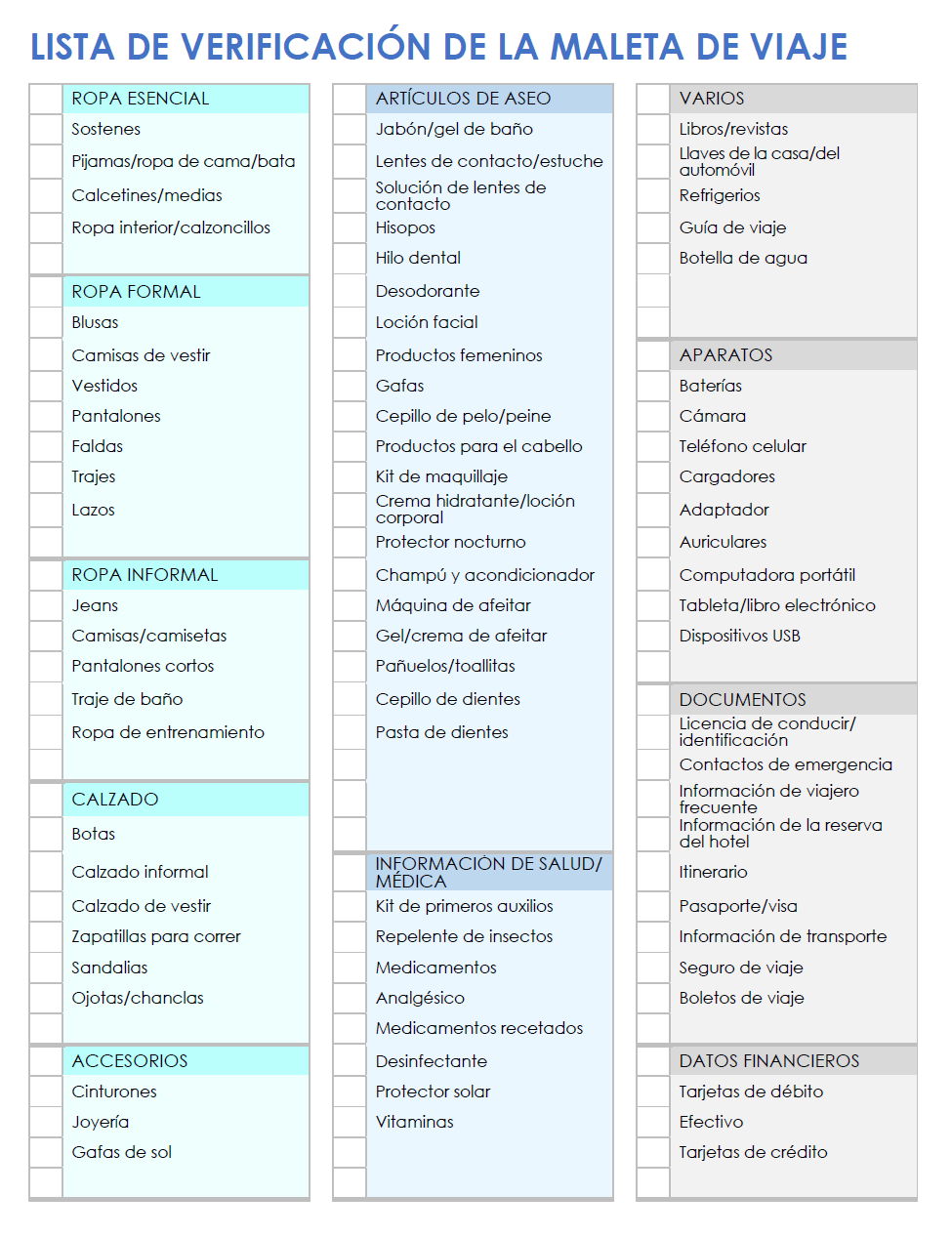  Plantilla de lista de verificación de embalaje de viaje para Google Docs