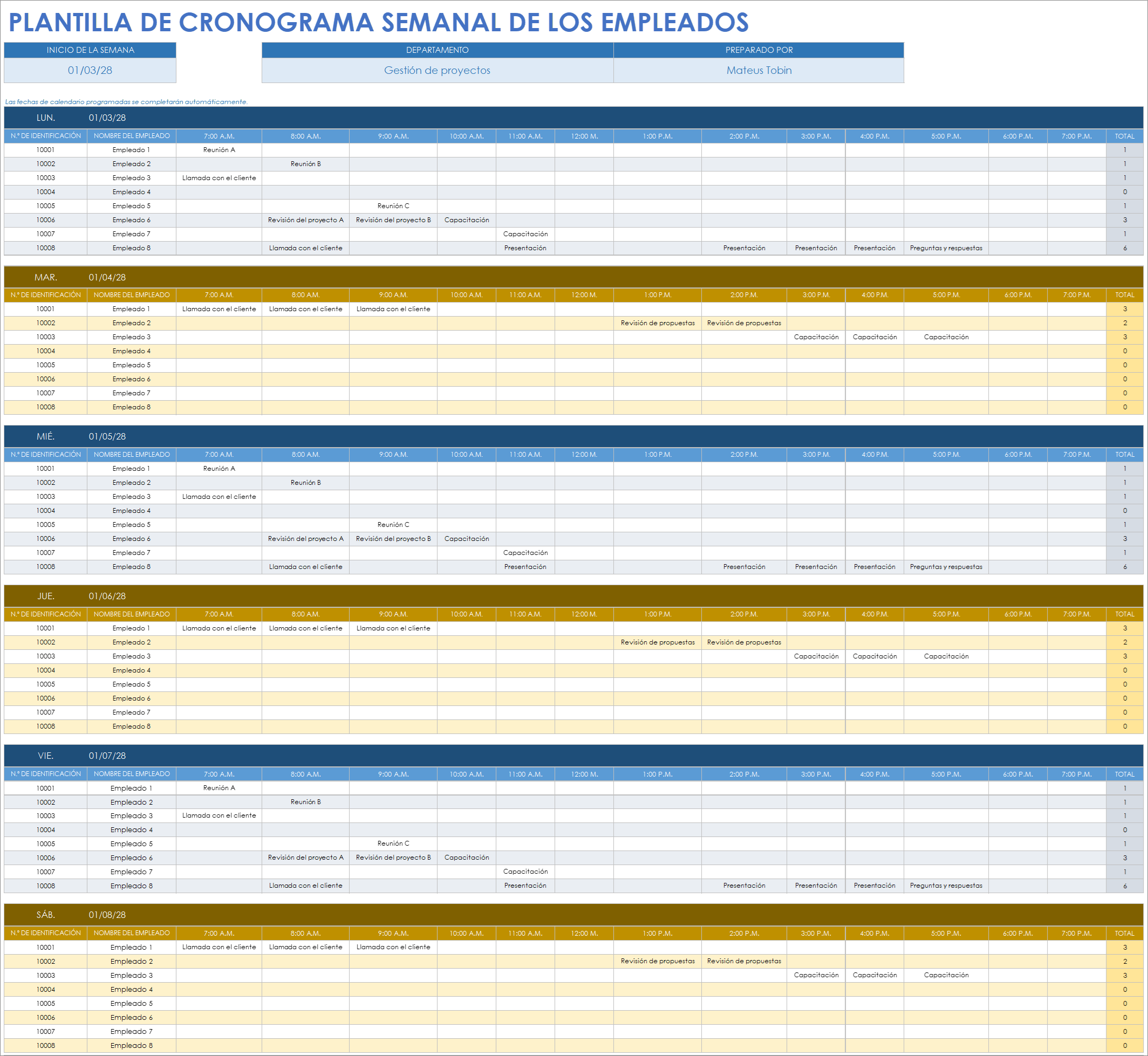  Plantilla de programación semanal de empleados de Google Sheets