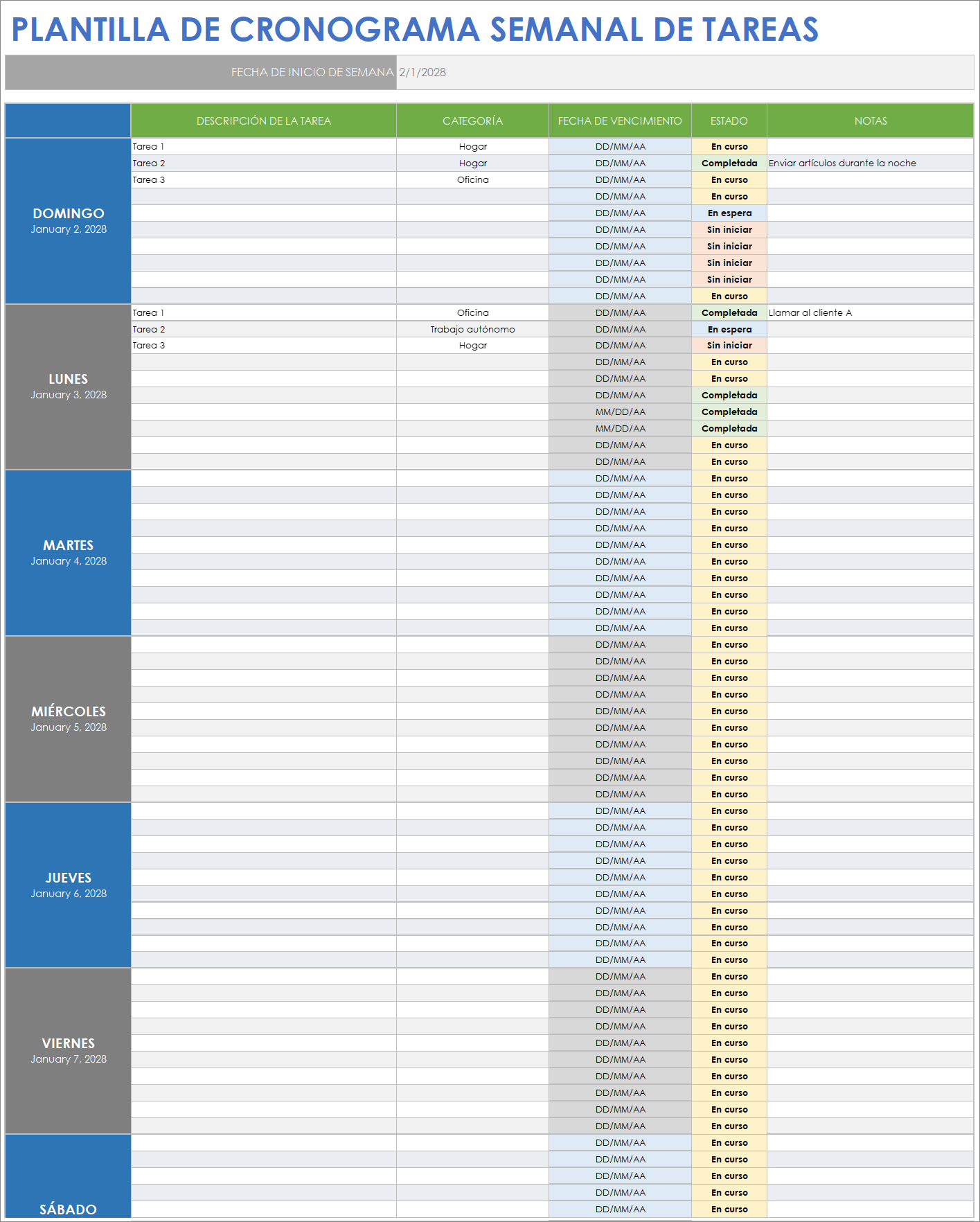  Plantilla de programación de tareas de Google Sheets semanal