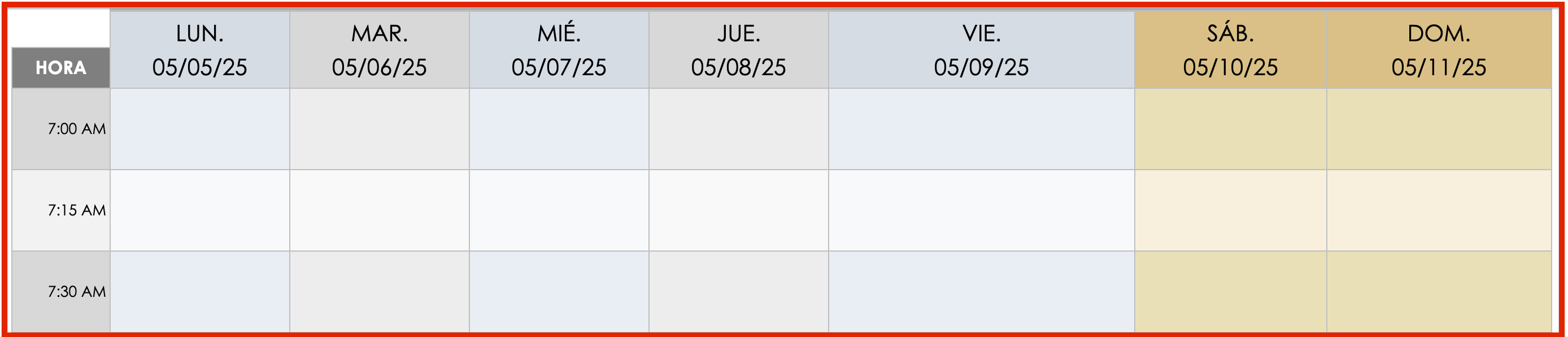 Horario semanal día a día.