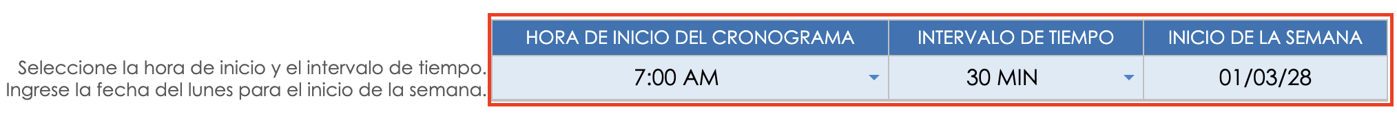 información básica del horario diario hojas de google