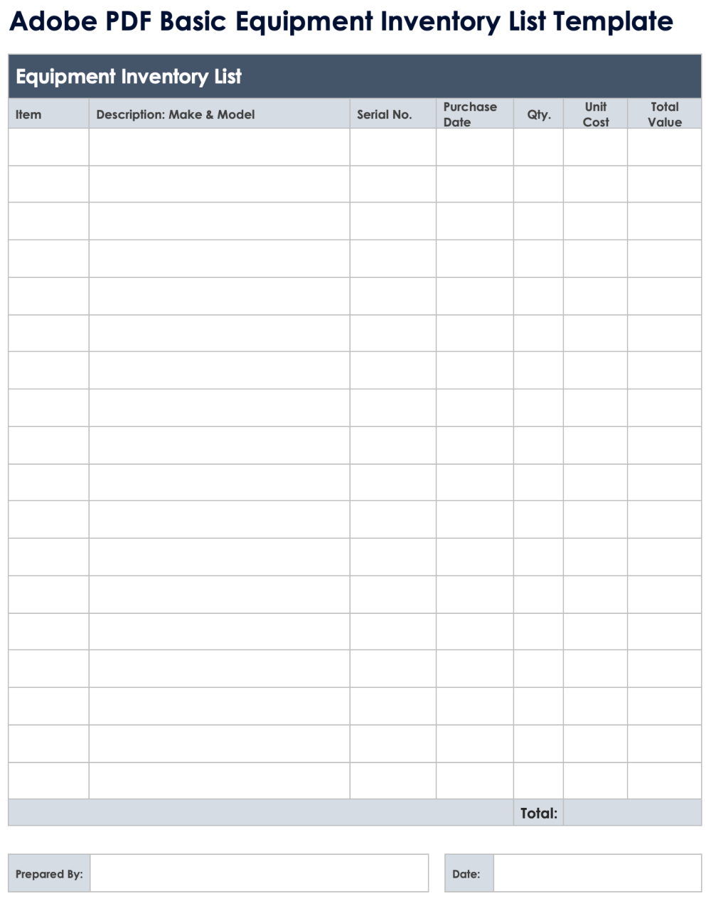 Plantilla básica de lista de inventario de equipos en Adobe PDF