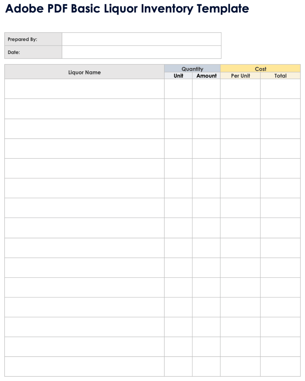 Plantilla básica de inventario de bebidas alcohólicas para Adobe PDF