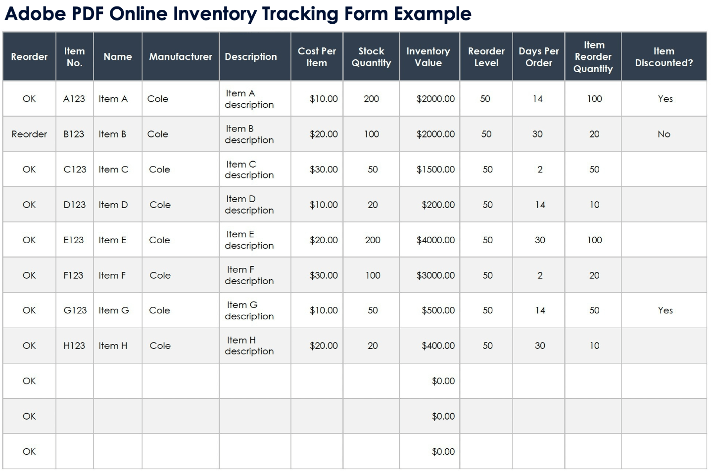 Formulario de seguimiento de inventario en línea en Adobe PDF