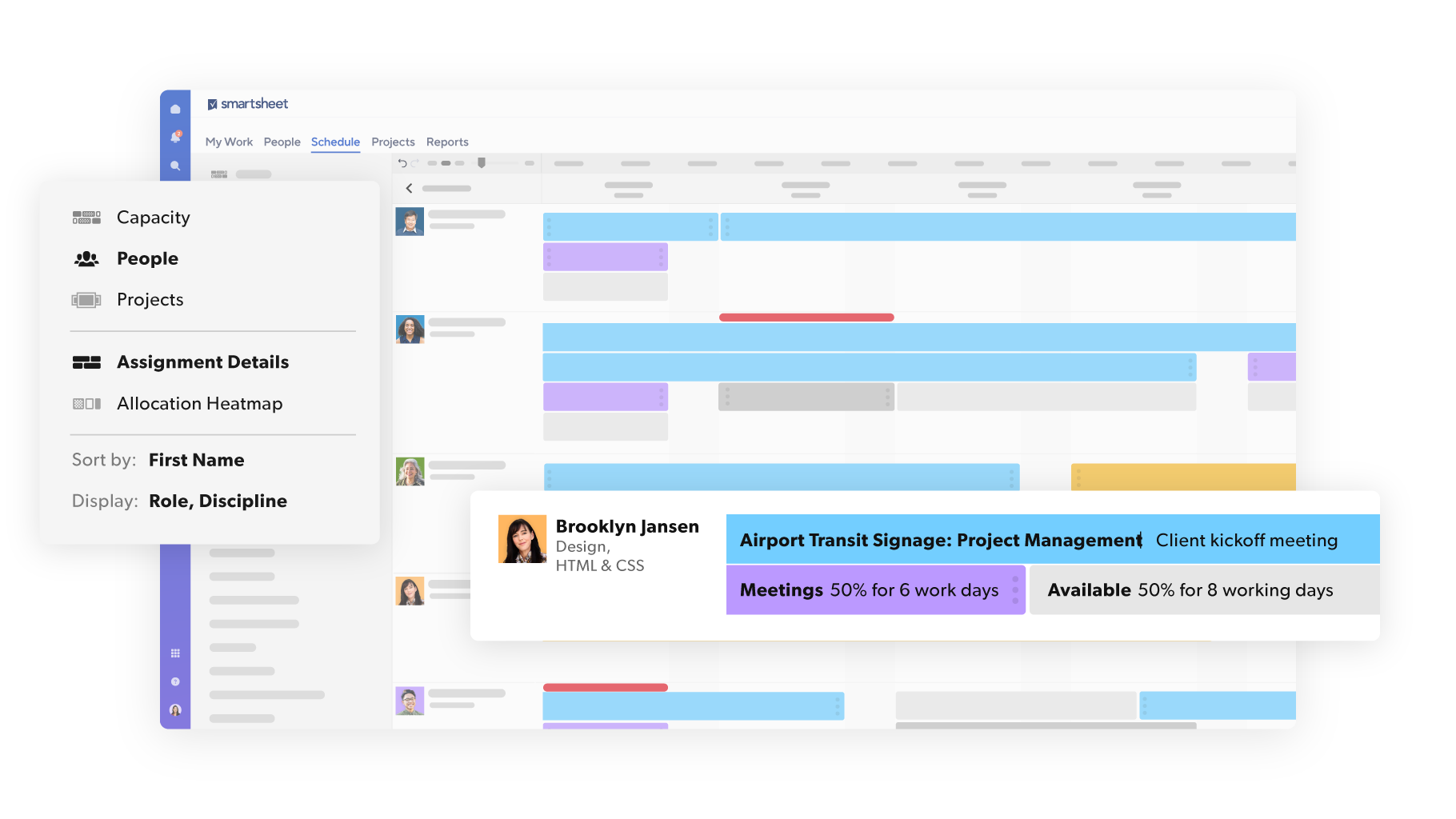 Resource Management directly in Smartsheet, with project assignments, availability details, and allocation heatmaps, allowing users to track team capacity and schedule tasks efficiently