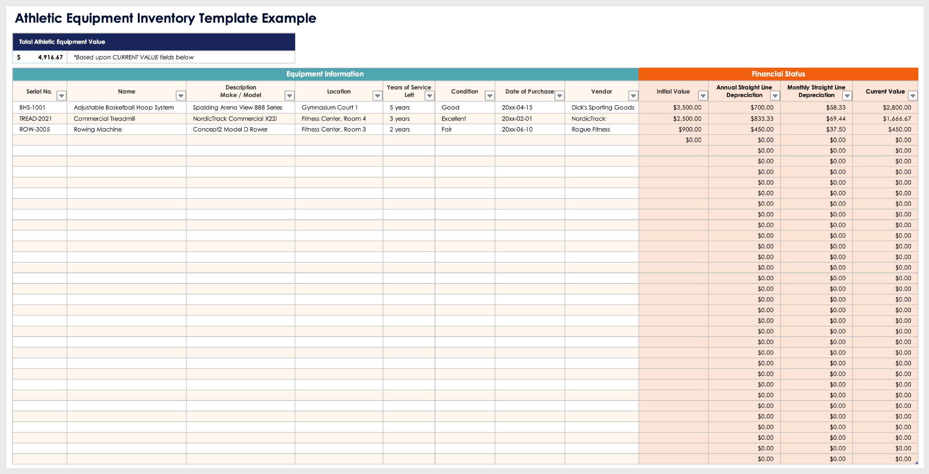 Ejemplo de plantilla de inventario de equipos deportivos