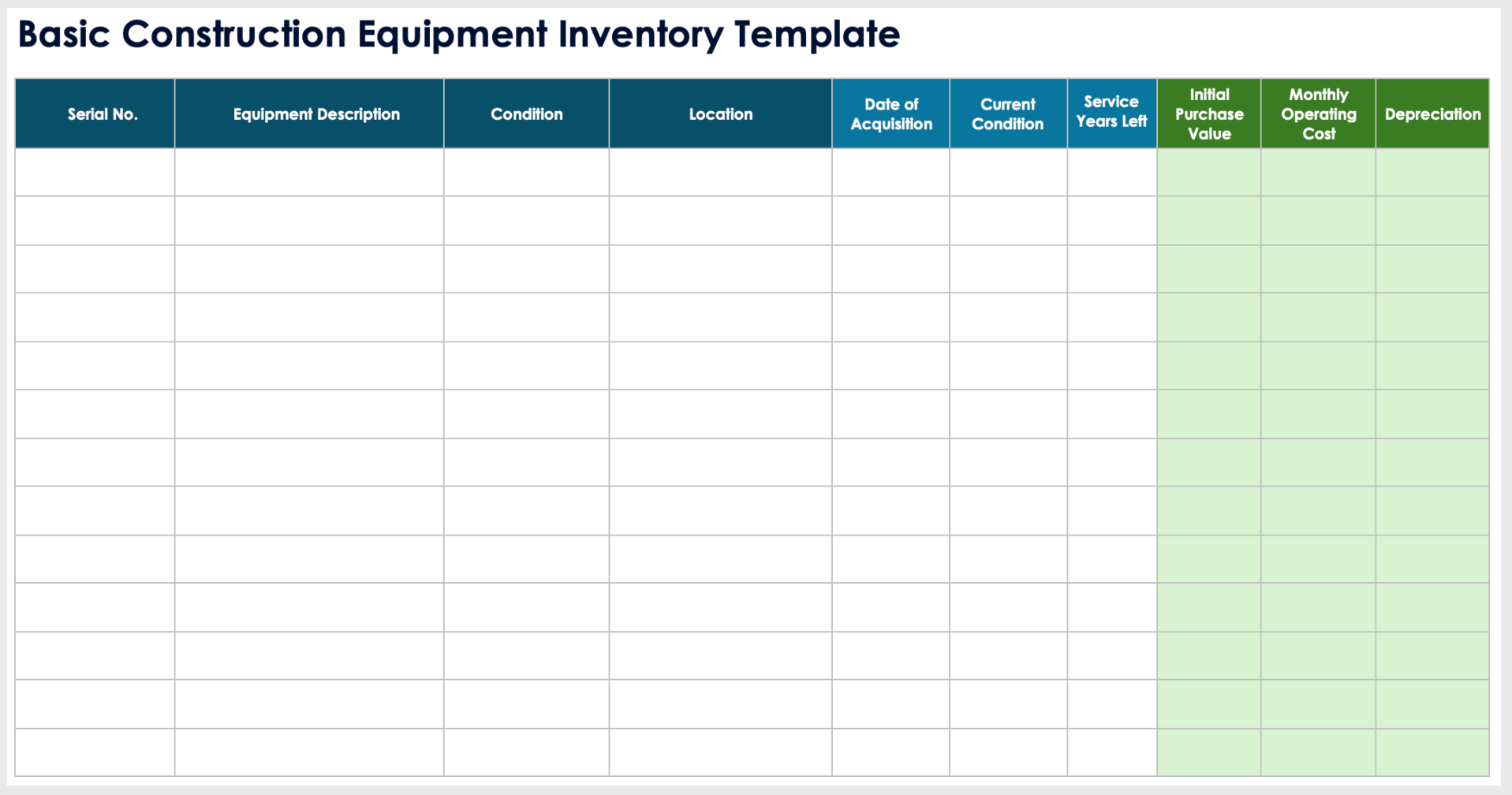Plantilla básica de inventario de equipos de construcción