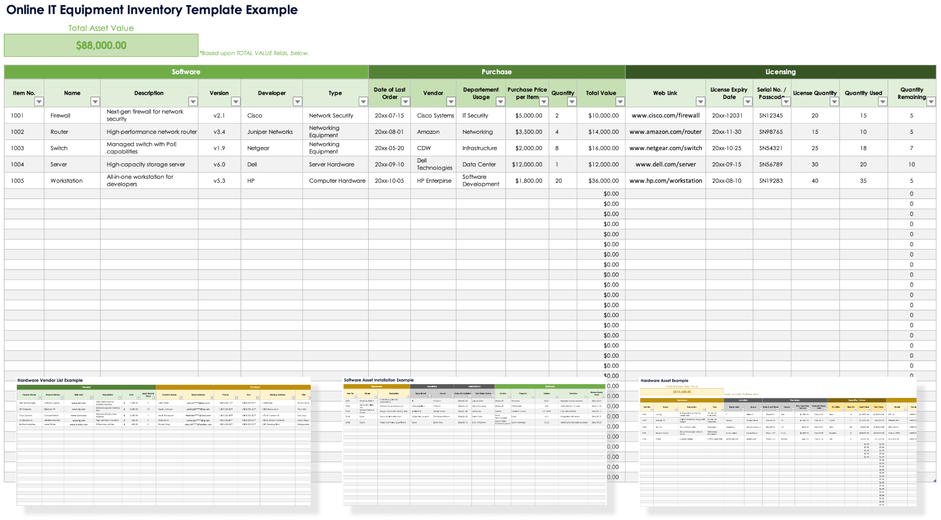 Ejemplo de plantilla de inventario de equipos de TI en línea