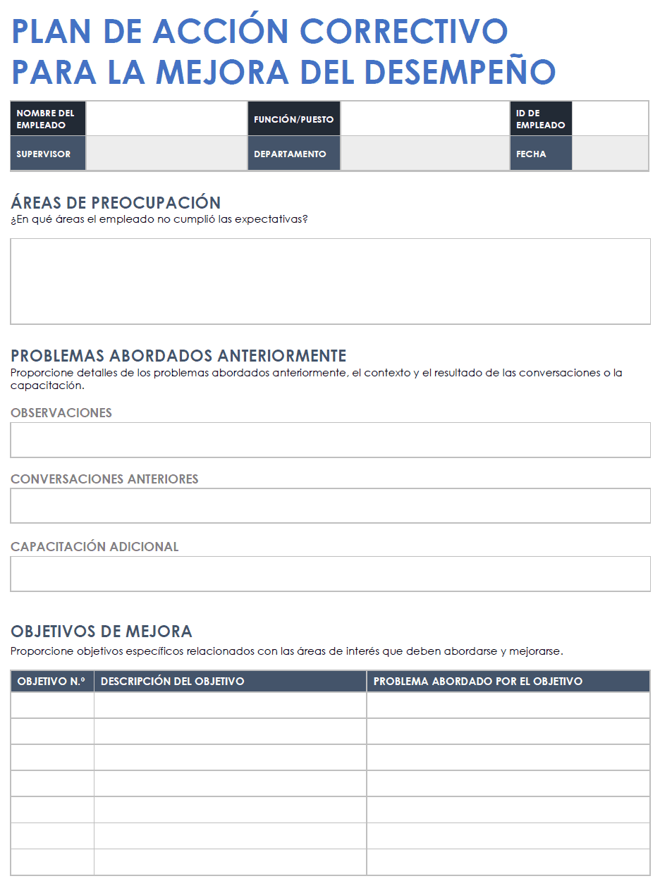  Plantilla de plan de acción para el plan de mejora del desempeño correctivo