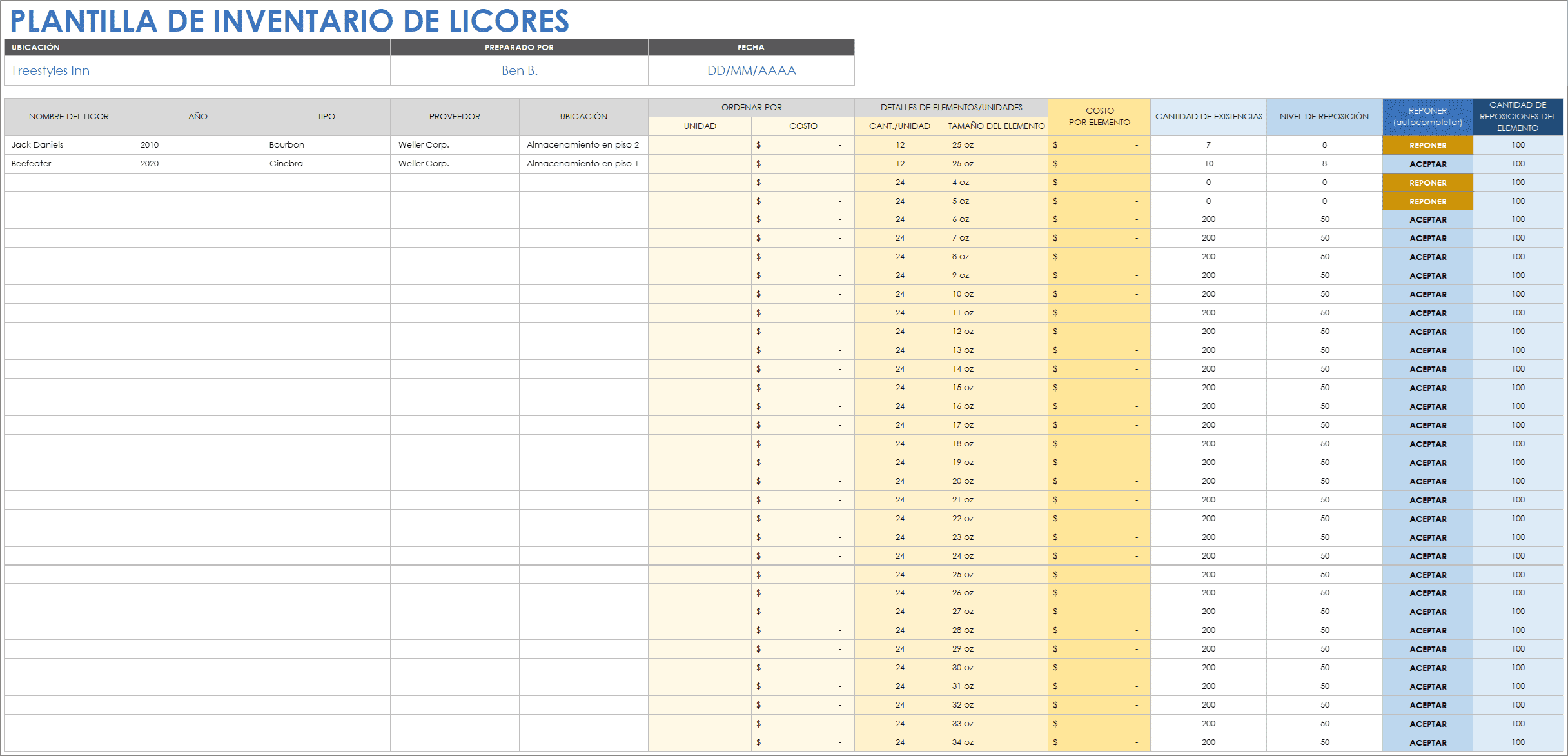  Plantilla de inventario de licores