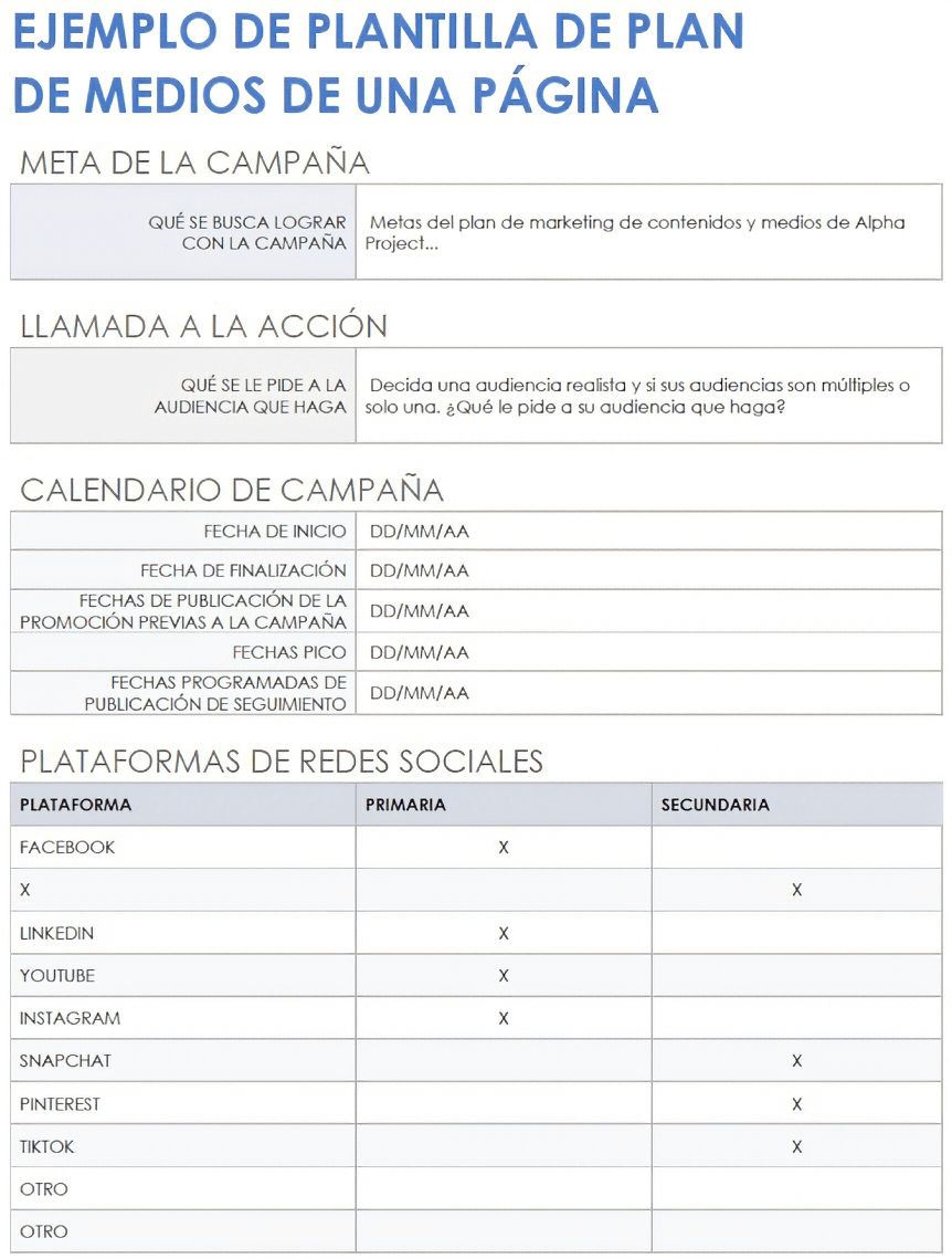  Plantilla de ejemplo de plan de medios de una página