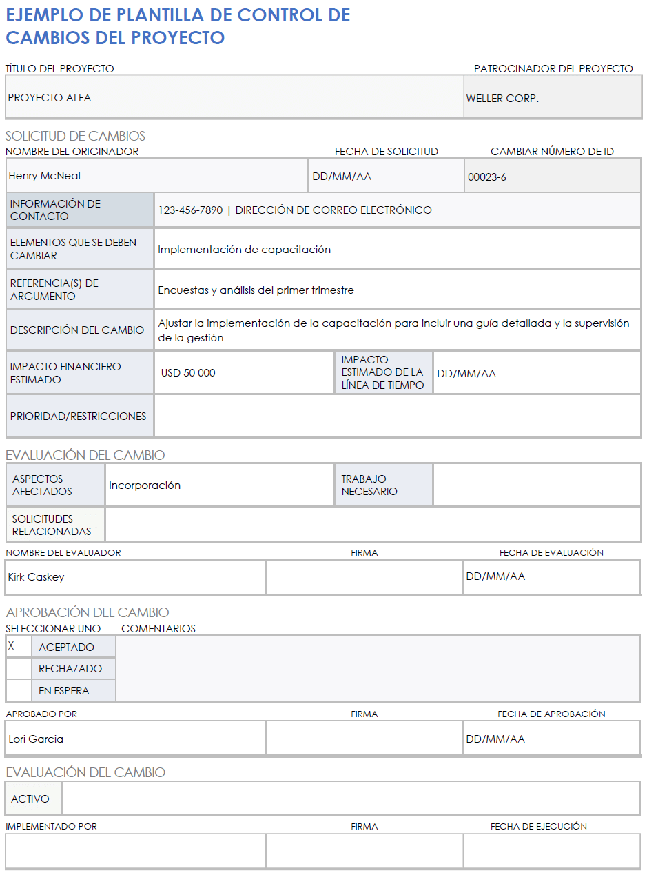  Plantilla de ejemplo de control de cambios de proyecto