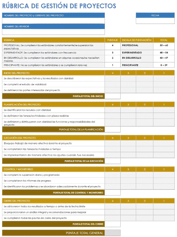  Plantilla de rúbrica de gestión de proyectos