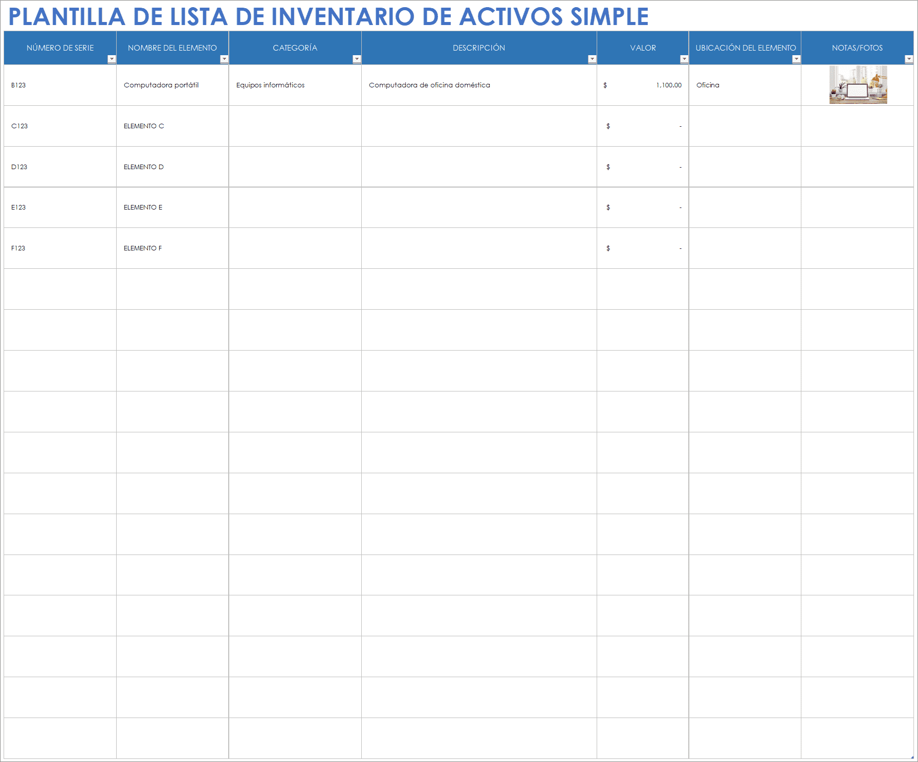  Plantilla de inventario de activos simple