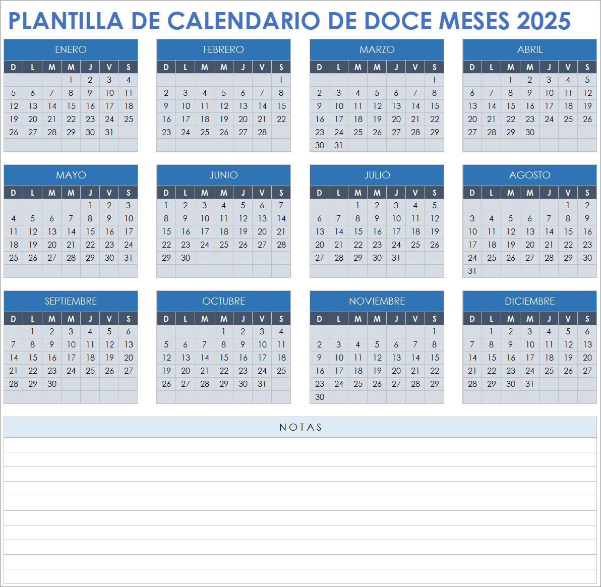 Plantilla de calendario 2025 de doce meses