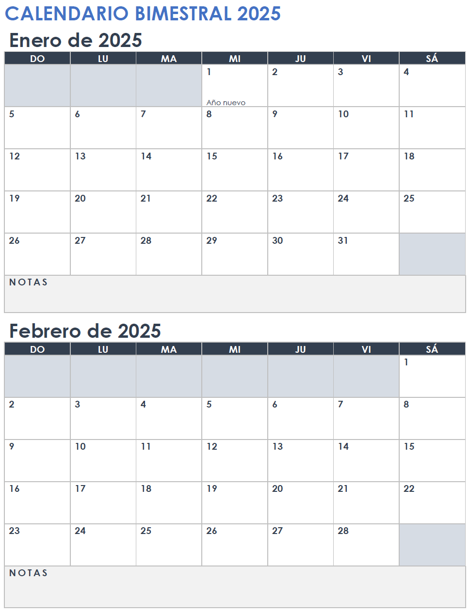 Calendario 2025 de dos meses