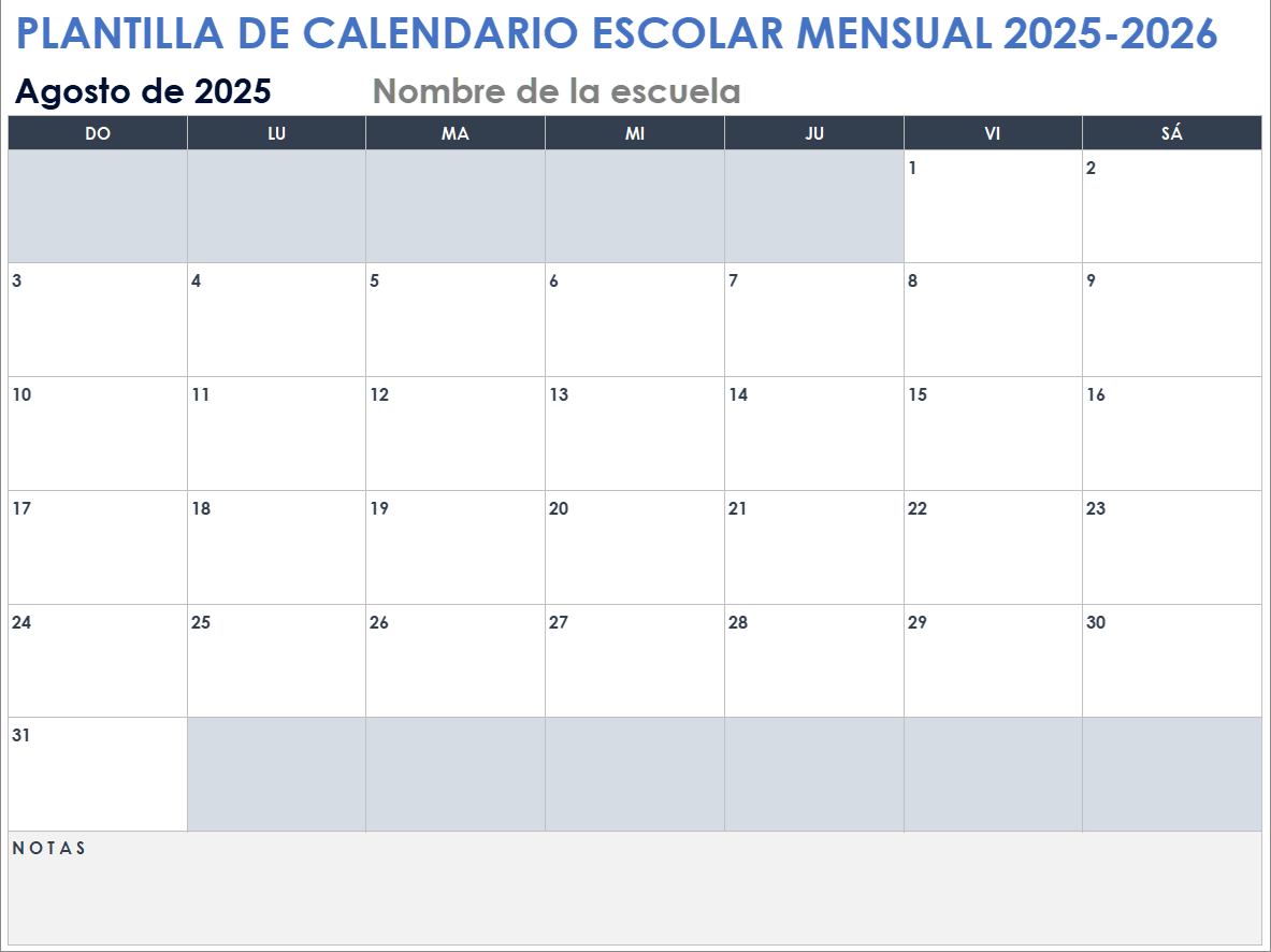 Plantilla de calendario escolar mensual 2025-2026