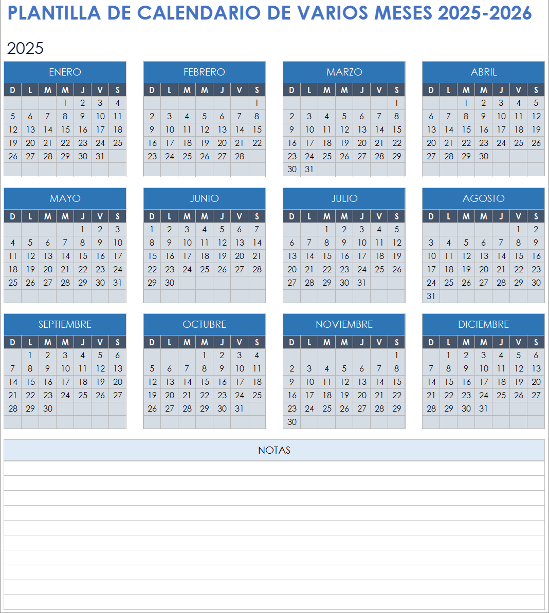 Plantilla de calendario de varios meses 2025-2026