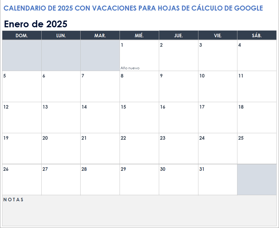 Calendario 2025 con días festivos para Google Sheets