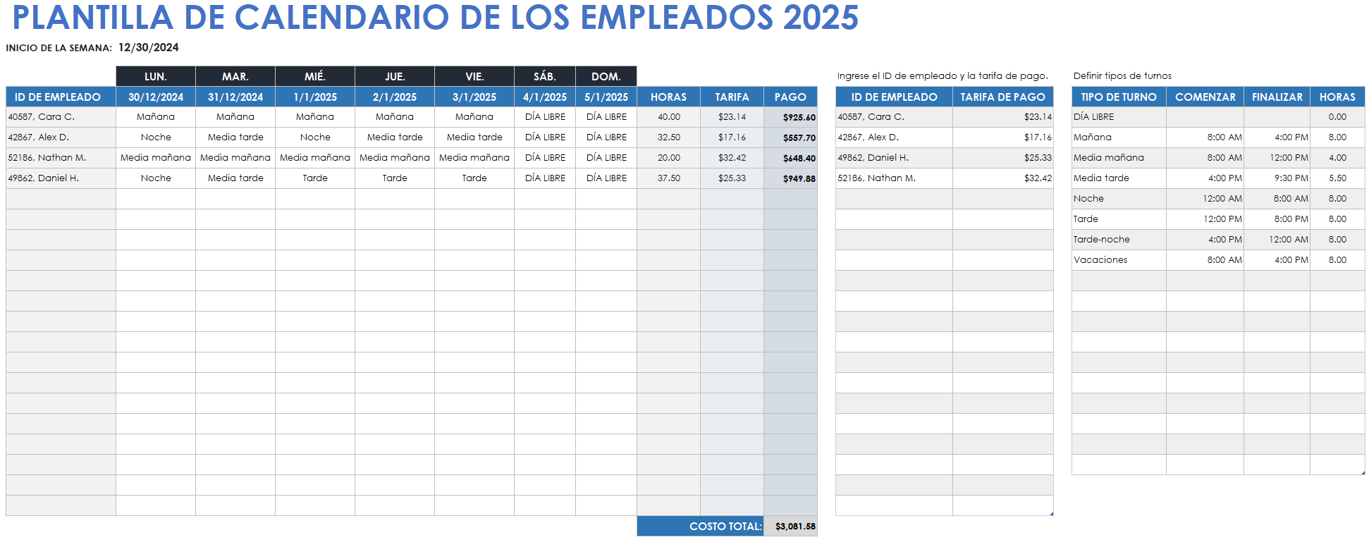 Plantilla de calendario de los empleados 2025 (Hojas de cálculo de Google)