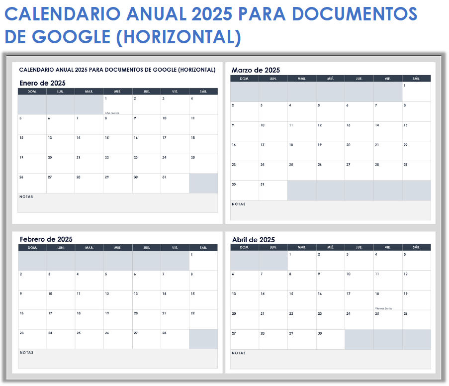 Calendario anual para Documentos de Google 2025 (horizontal)