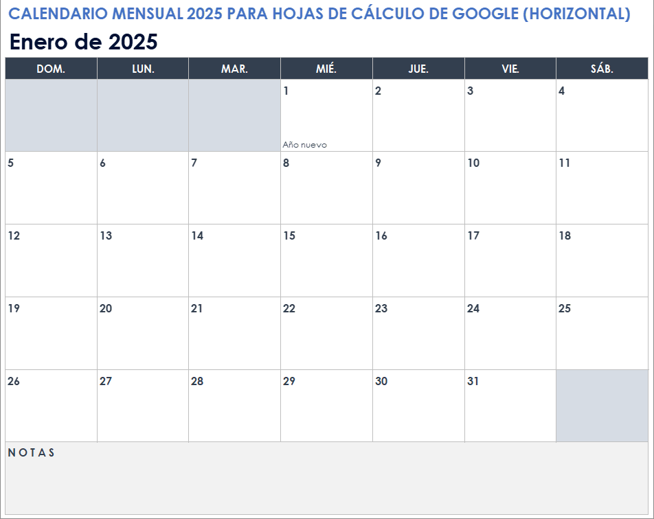 Calendario mensual para Hojas de cálculo de Google 2025 (horizontal)