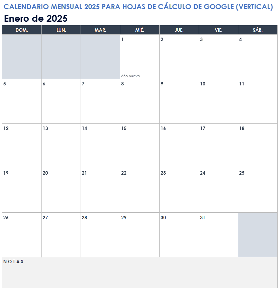 Calendario mensual para Hojas de cálculo de Google 2025 (vertical)