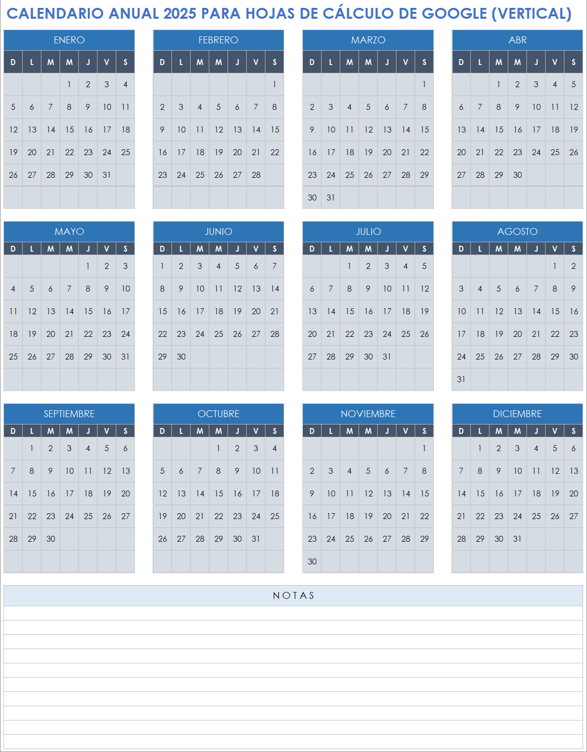 Calendario anual para Hojas de cálculo de Google 2025 (vertical)