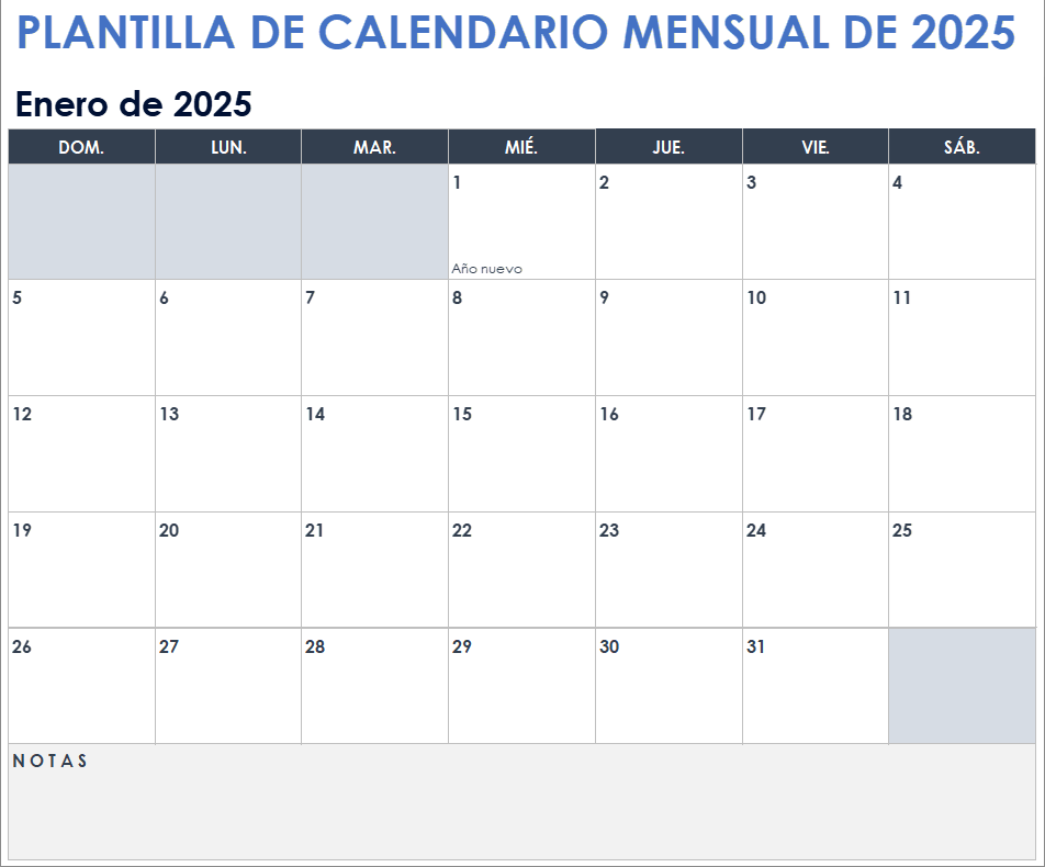 Plantilla de calendario mensual 2025