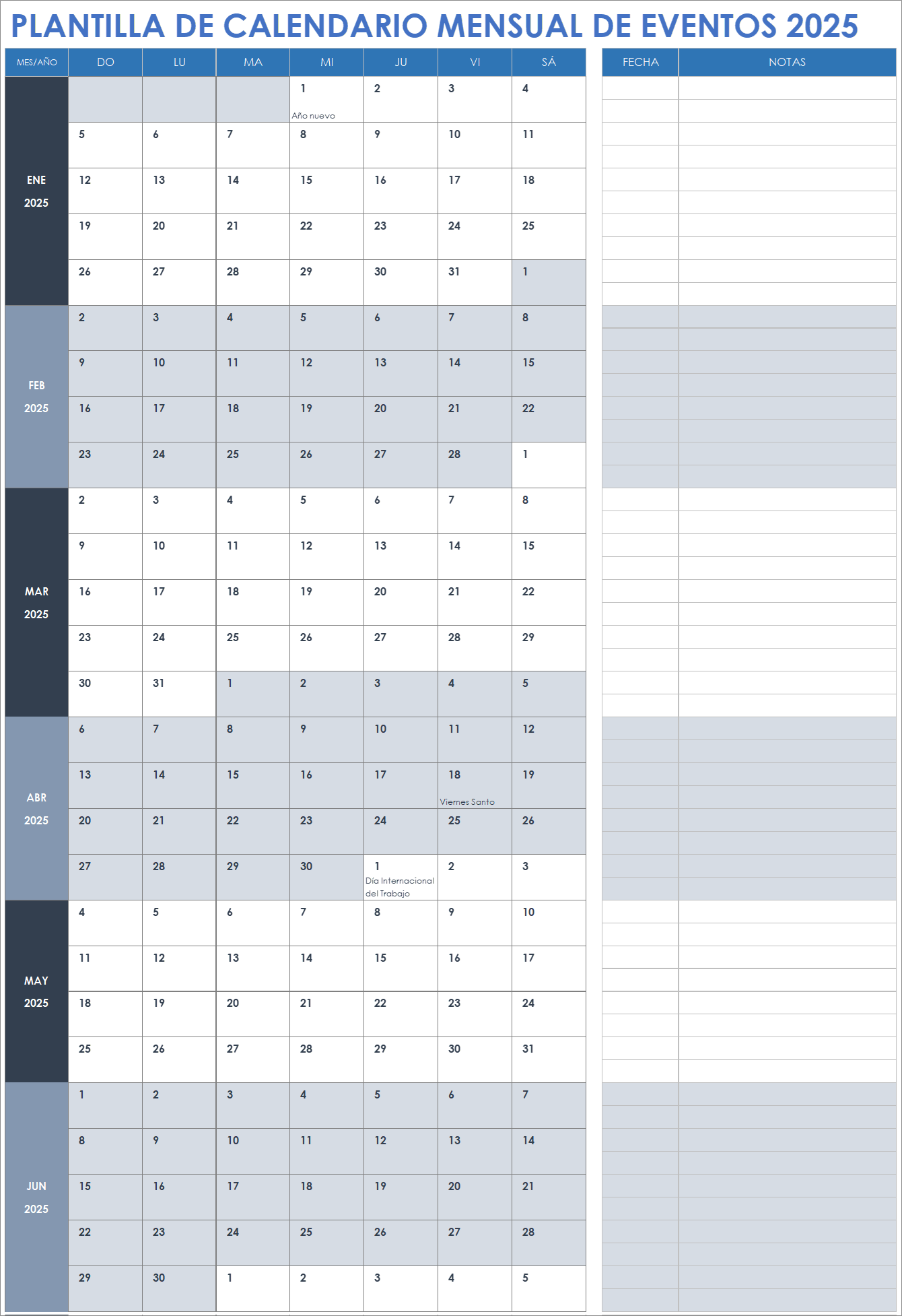 Plantilla de calendario mensual de eventos 2025