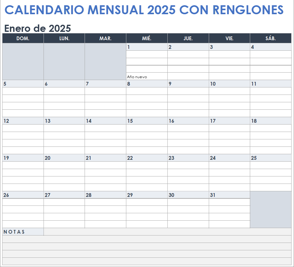 Calendario mensual rayado 2025