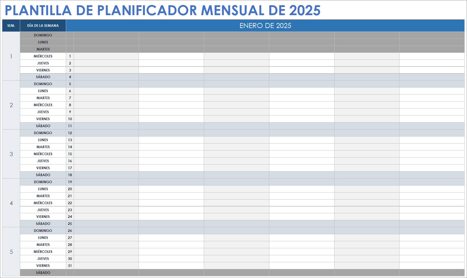 Plantilla de planificador mensual 2025 para hojas de cálculo de Google