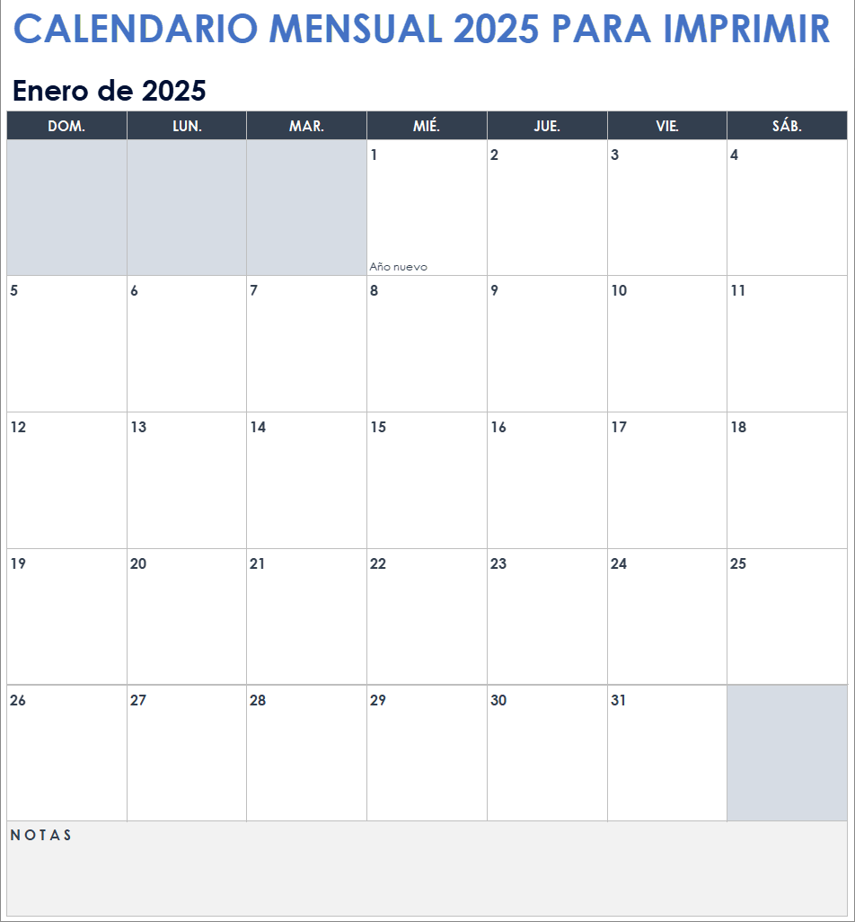 Calendario imprimible mensual 2025