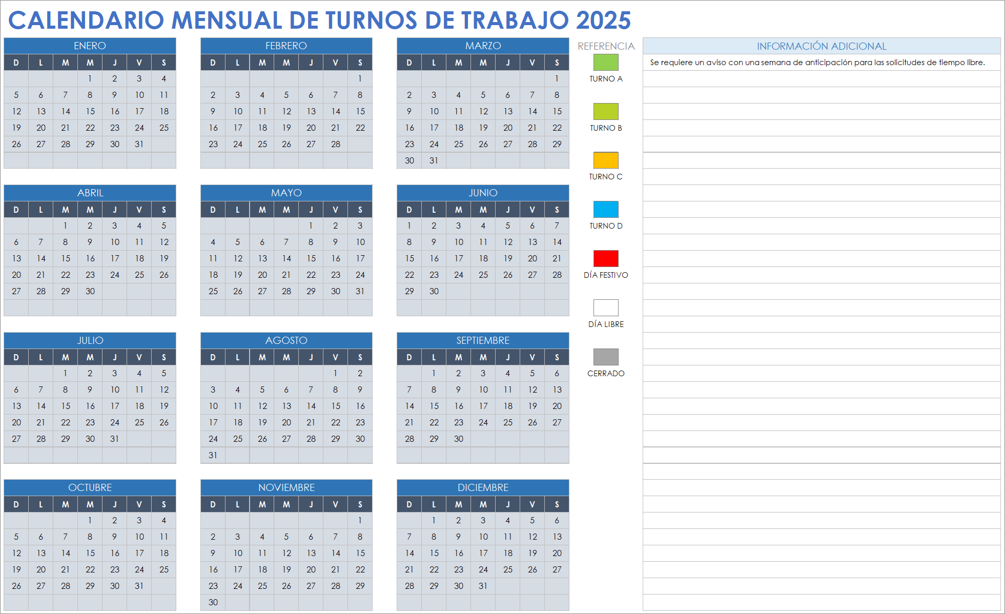 Calendario mensual de turnos de trabajo 2025