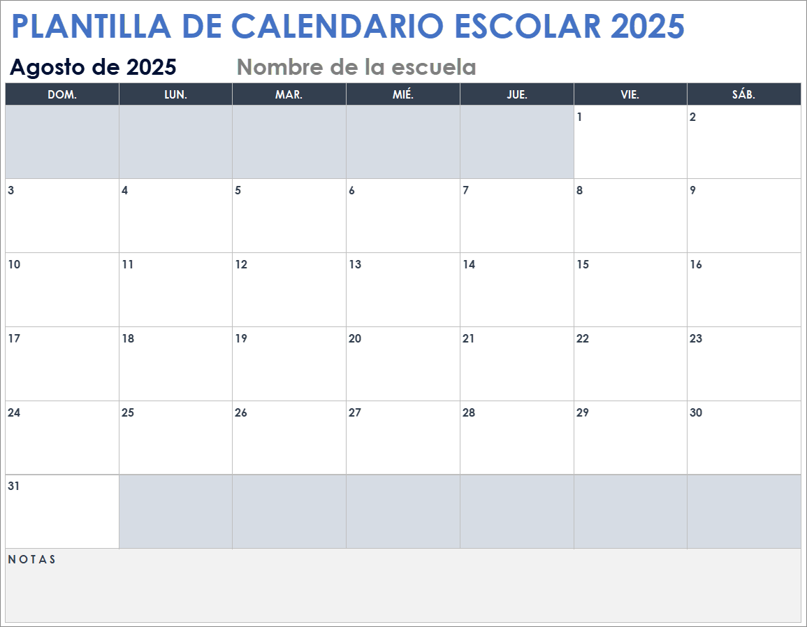 Plantilla de calendario escolar 2025