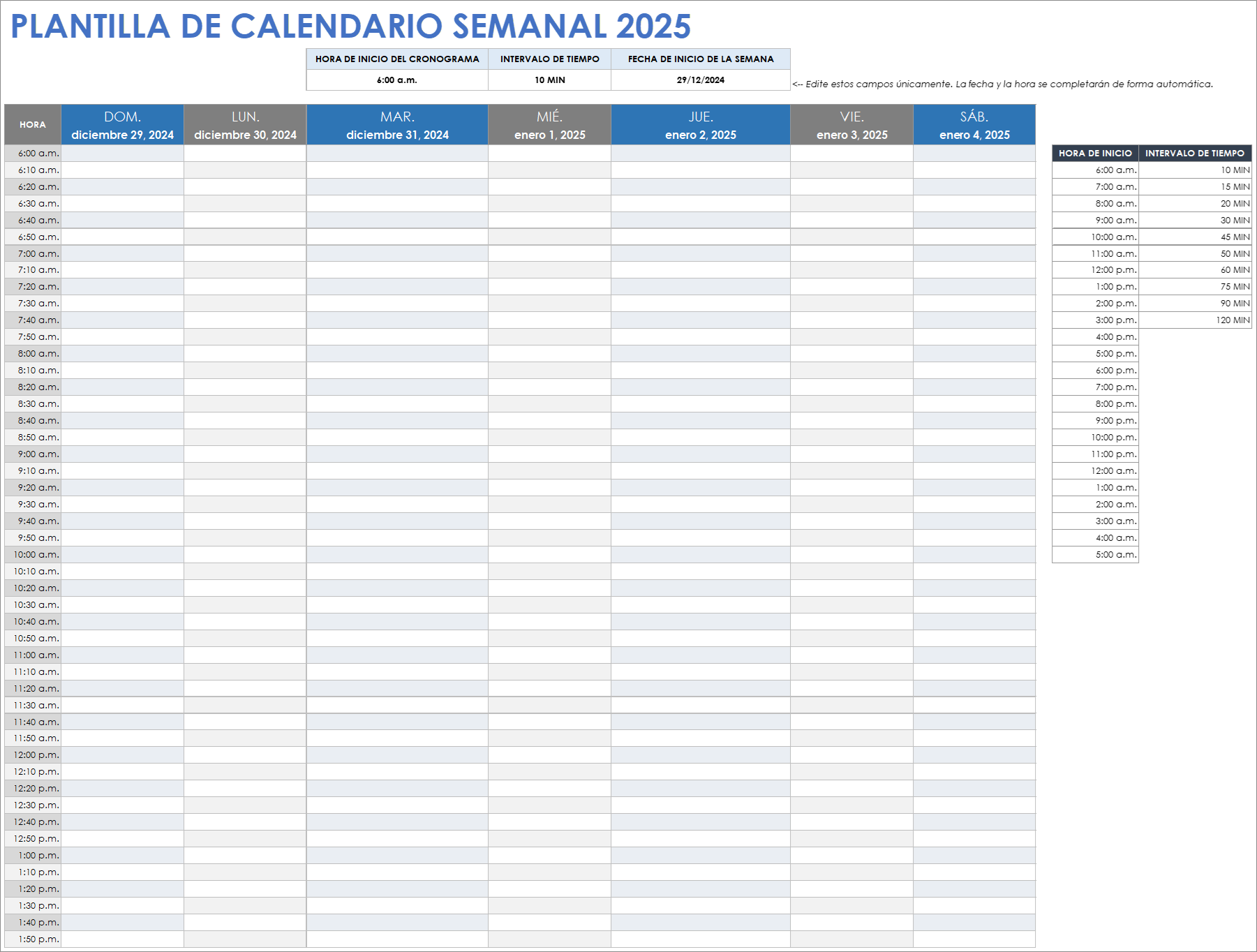 Plantilla de calendario semanal 2025 (Hojas de cálculo de Google)