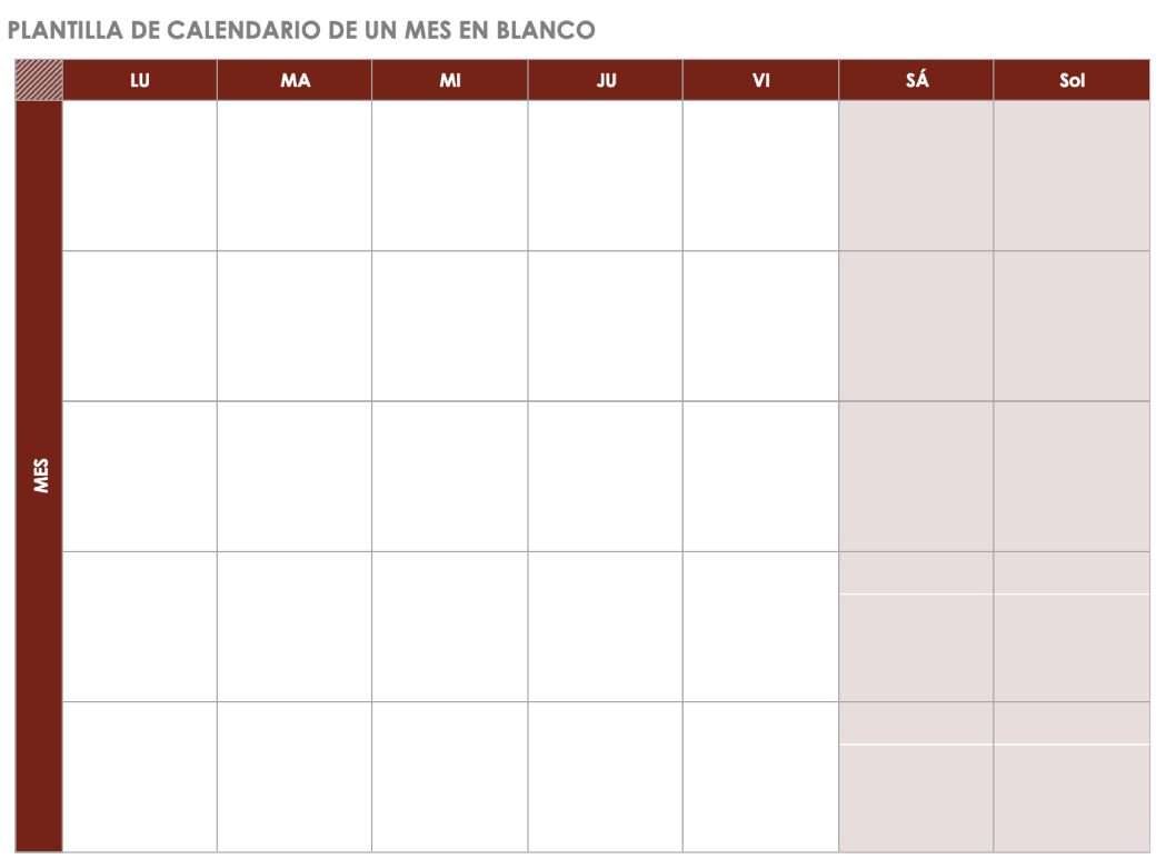 Plantilla de calendario de un mes en blanco, a partir del lunes