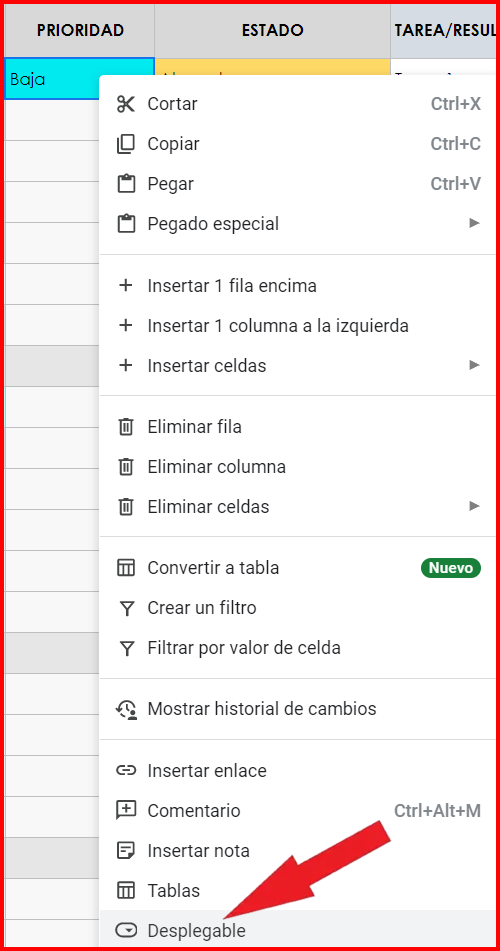 Crear lista de verificación de proyecto en el menú desplegable de Hojas de cálculo de Google