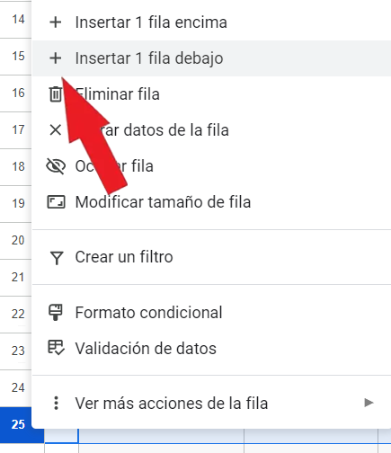 Crear lista de verificación de proyecto en Hojas de cálculo de Google Insertar fila