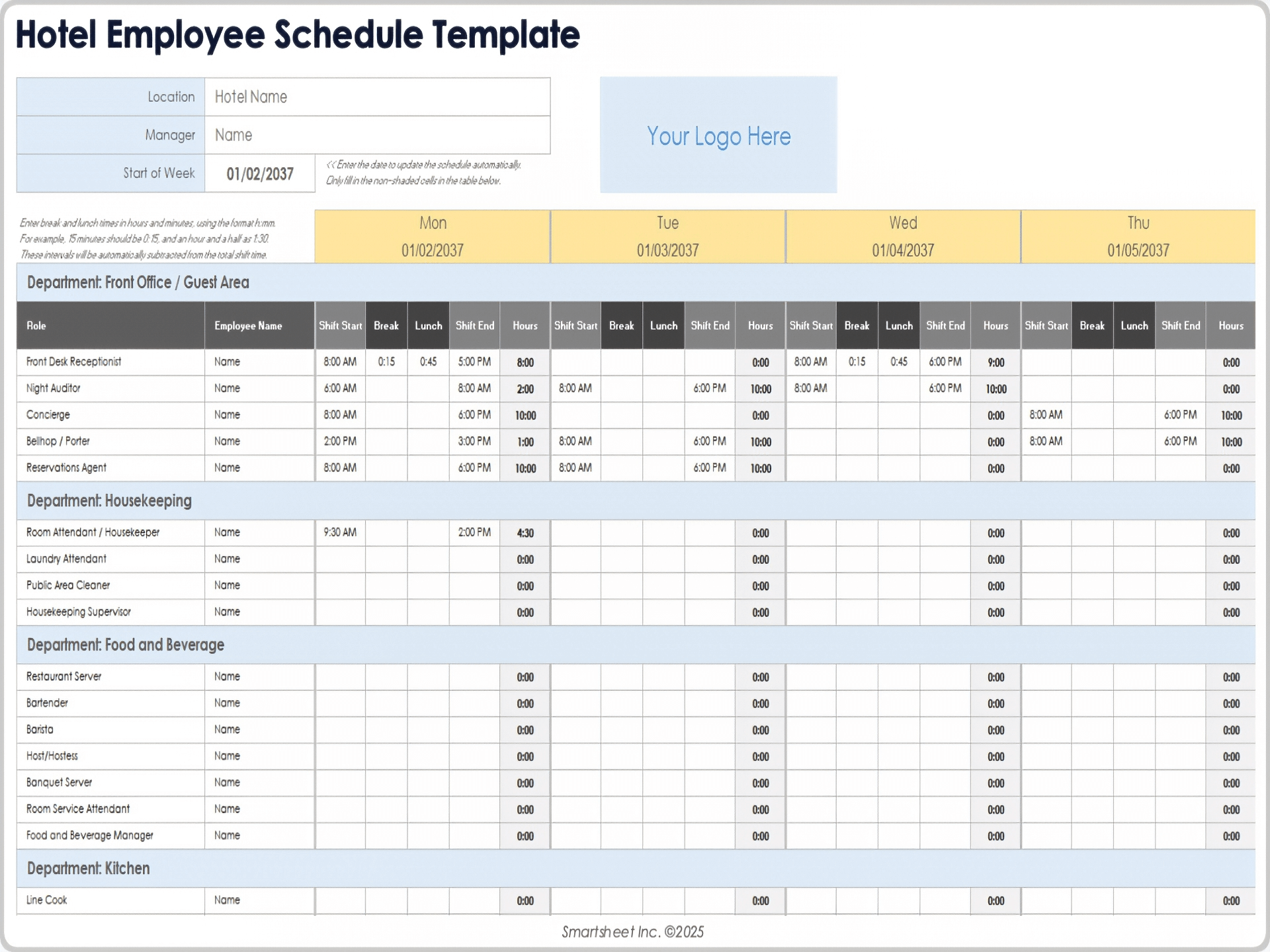 Plantilla de horarios de los empleados para hoteles
