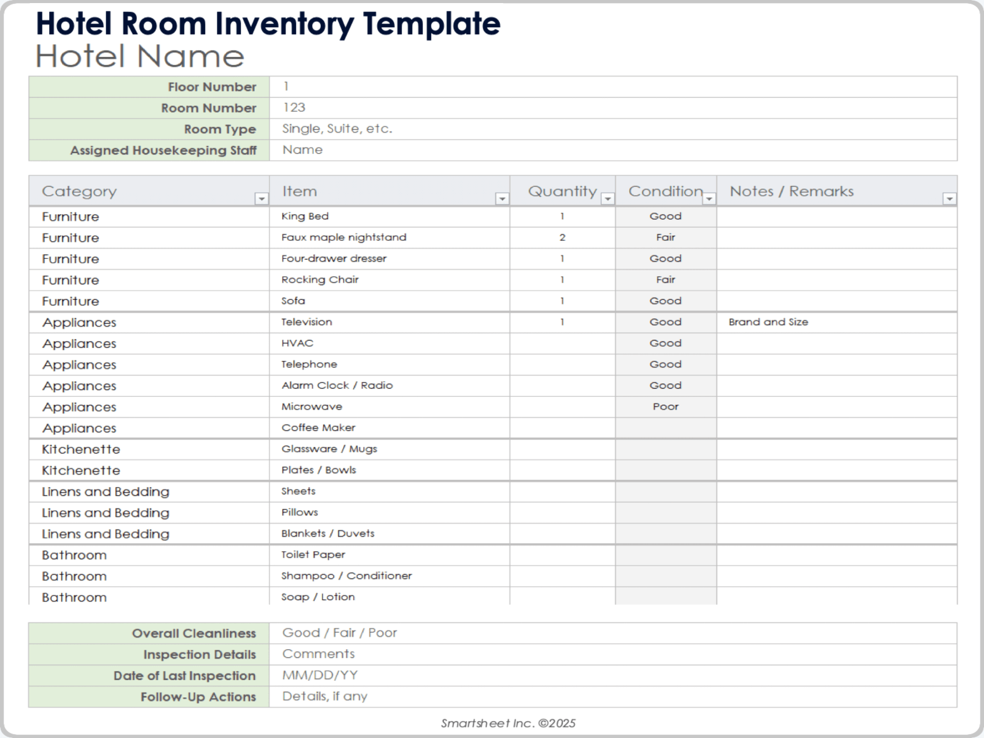 Plantilla de inventario de habitaciones para hoteles