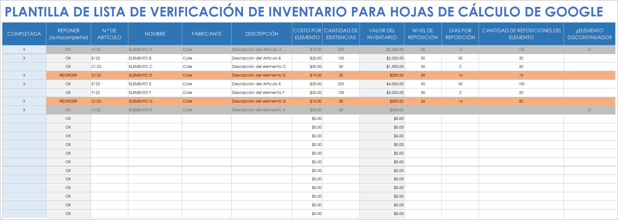 Plantilla de lista de verificación de inventario para hojas de cálculo de Google