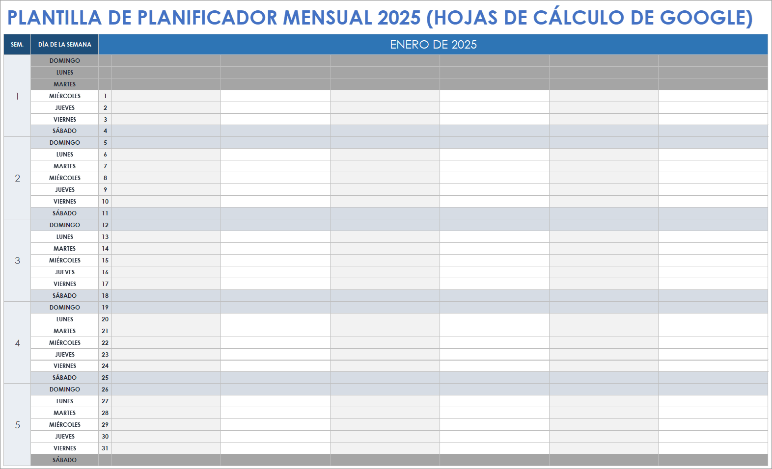 Plantilla de planificador mensual 2025 (Hojas de cálculo de Google)