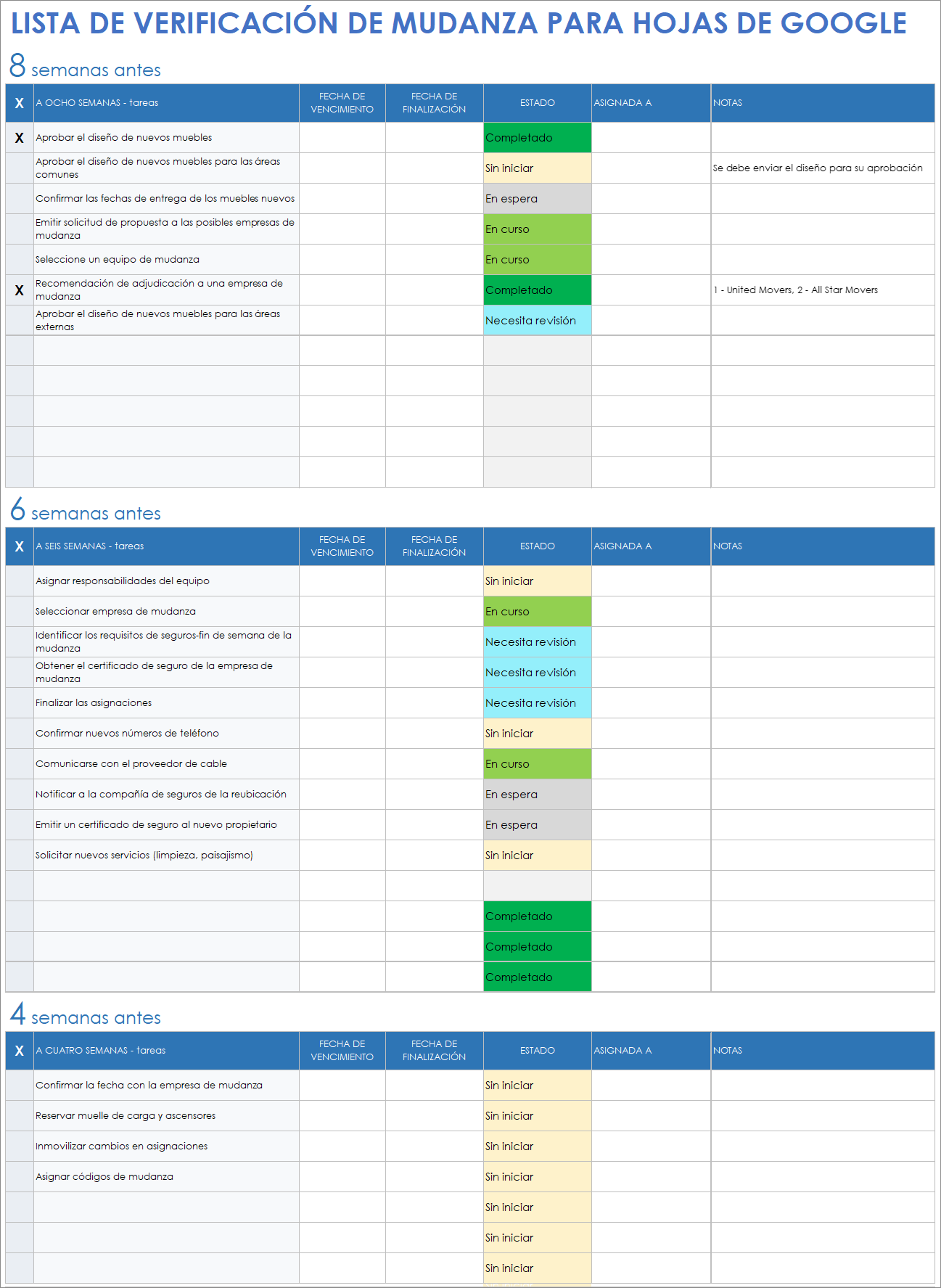 Plantilla de lista de verificación de mudanzas para hojas de cálculo de Google