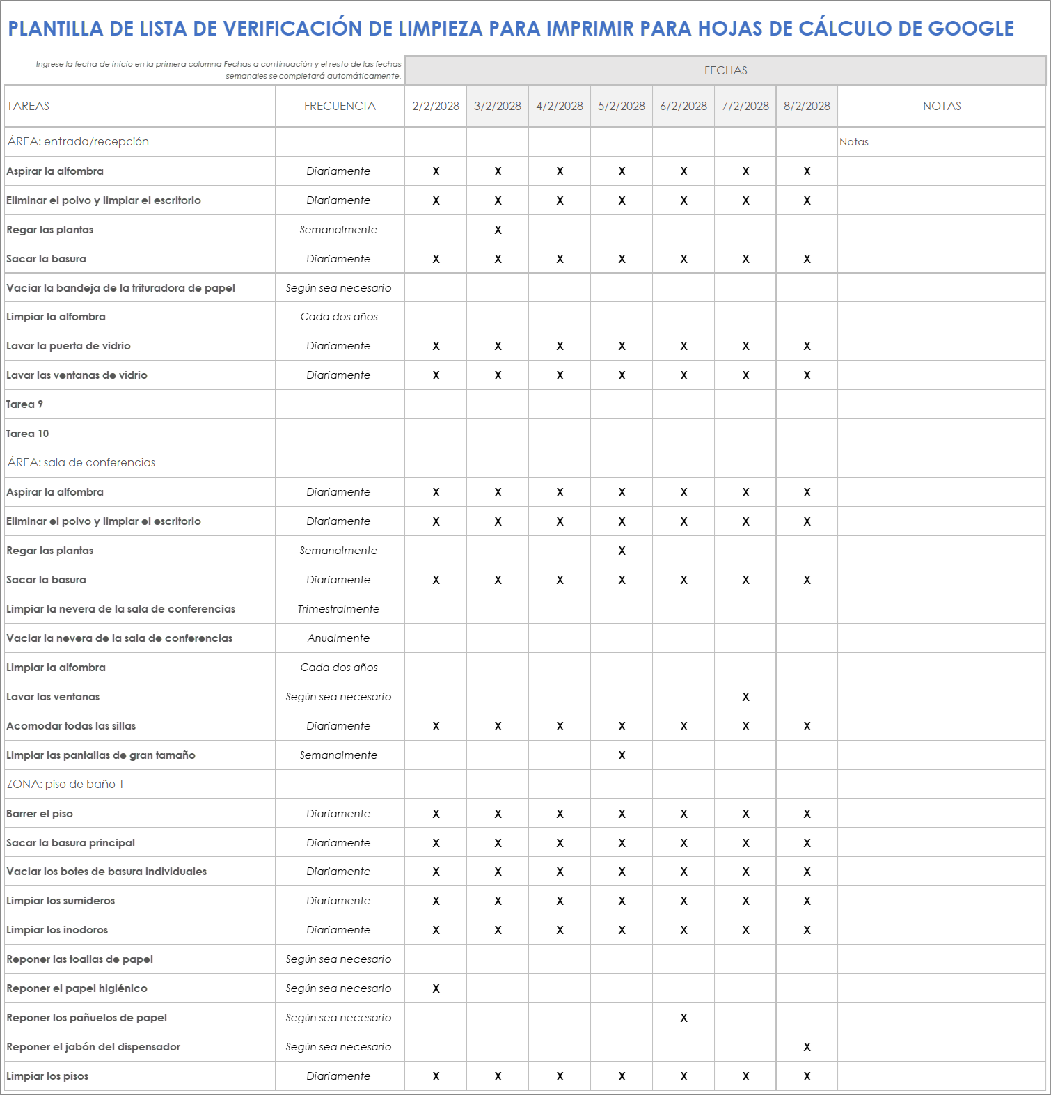 Plantilla de lista de verificación de limpieza imprimible para hojas de cálculo de Google